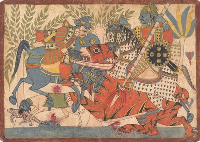 Harishchandra og hans minister Killing a Tiger folio fra en Harishchandra-serie, 1800-1850. af Unbekannt