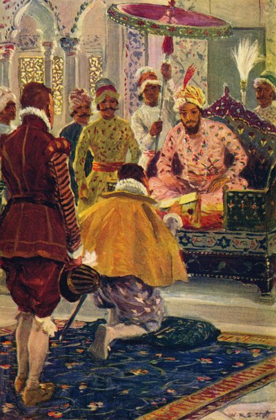 Hawkins præsenterer King Jamess brev til den store mogul, 1608 c1912 af Unbekannt