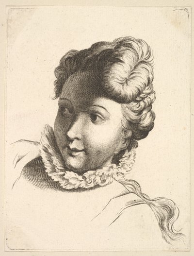 Hovedet af en kvinde iført ryg, fra Livre de Têtes Gravées dapres F. Boucher et ..., 1700-tallet. af Unbekannt