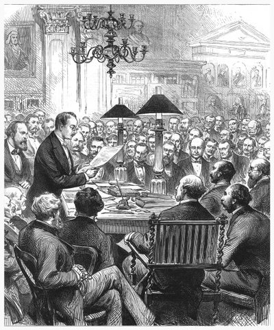 Heinrich Schliemann forelæser i London, 1877 af Unbekannt