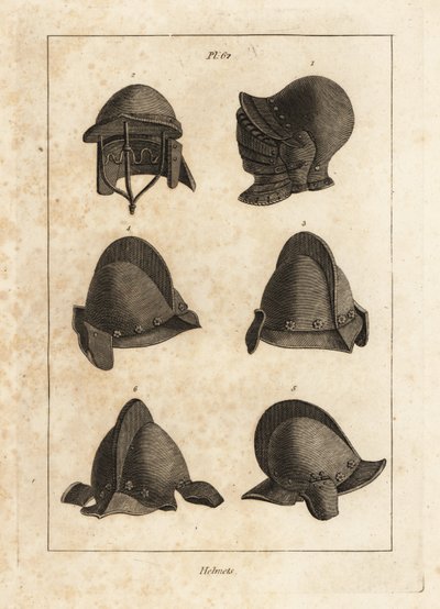 Hjelm med drikkevare, der kan åbnes ned i Tower of London 1, dobbelt-barret hjelm 2, og salg med oreillets eller ørestykker 3-6 af Unbekannt