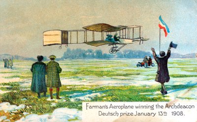 Henri Farman, fransk flyver, vinder præmie for første cirkulære kilometerflyvning, Paris, januar 1908 af Unbekannt