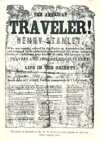 Henry M.Stanley, Handbill fra Lecture Tour in America, opdagede i en alder af 31 Dr.Livingstone i Afrika af Unbekannt