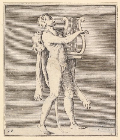 Hercules spiller en lyre, et løveskind draperet over hans skulder, udgivet ca. 1599-1622. af Unbekannt