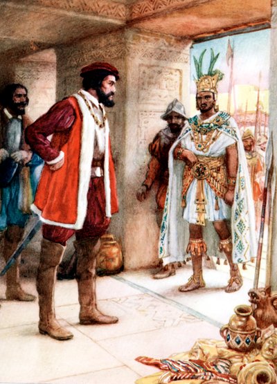 Hernan Cortes møder den aztekiske kejser Montezuma, 1519 af Unbekannt