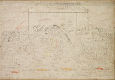 Hindu Gud Krishna bliver klædt i kvindetøj til forårsfest Holi, ca. 1790. af Unbekannt