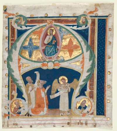 Historik forbogstav A udskåret fra en gradual: Kristus i majestæt med kong David..., ca. 1300-1340. af Unbekannt