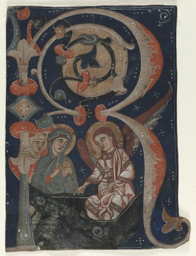 Historieret indledende R Udskåret fra en Gradual: The Three Marys at the Tomb, ca. 1200-1230. af Unbekannt