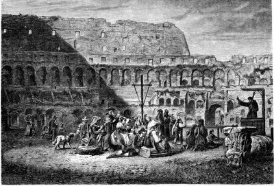 Det gamle Roms historie. Fastelavnsprædikenen fra Colosseums indre. Tryk 1800 af Unbekannt