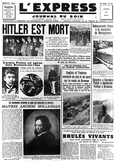 Hitler er død, forsiden af avisen LExpress, 3. maj 1945 af Unbekannt