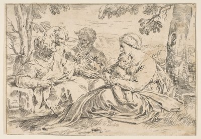 Hellig Familie med Sankt Elizabeth og Sankt Johannes Døberen, kopi i omvendt a..., ca.1639 eller senere. af Unbekannt