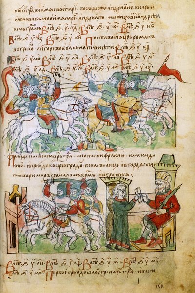 Igor Svyatoslavichs kamp med pechenegerne fra Radziwill Chronicle, 1400-tallet af Unbekannt