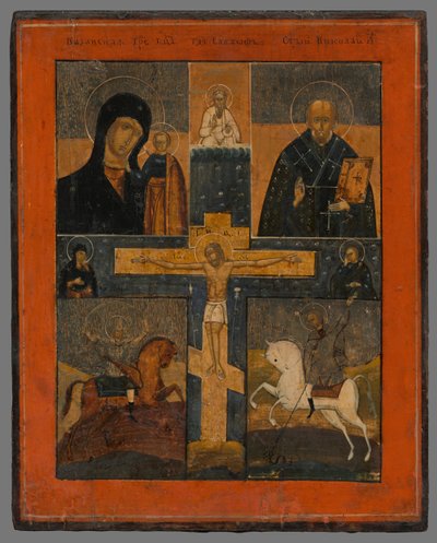 Ikon - Korsfæstelsen med Guds Moder i Kazan, Sankt Nikolaus, Sankt Georg og Sankt Dimitri af Unbekannt