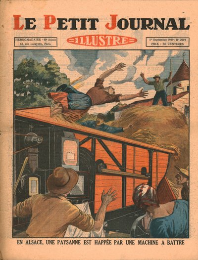 I Alsace bliver en bondekone fanget i en tærskemaskine, 1929. af Unbekannt