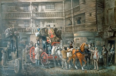 Krogård med postvogn, der forbereder sig på at tage af sted, c1840 af Unbekannt