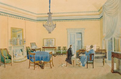 Interiør med figurer. Musikrummet, 1830-1839 af Unbekannt
