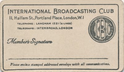 International Broadcasting Club: Medlemskort, c1930