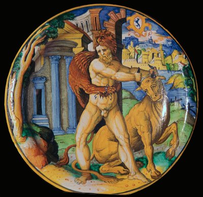 Italiensk fajanceplade med et billede af Hercules og den kretensiske tyr, 1500-tallet af Unbekannt