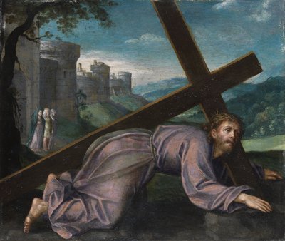Jesus falder under korset. Norditaliensk maler fra det 17. århundrede af Unbekannt