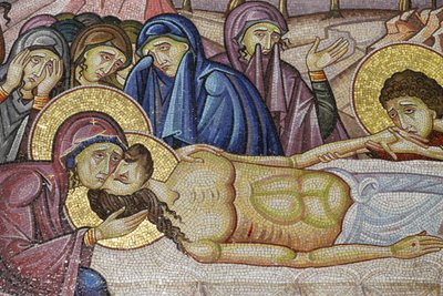 Jesus lagde på den nye grav af Josef af Arimathea, detalje af mosaikkunst, der skildrer begravelsen af Jesus Kristus, Den Hellige Gravs Kirke, Jerusalem, Israel af Unbekannt