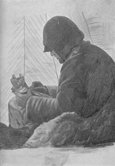 Johansen sidder i soveposen i hytten, c1893-1896, 1897 af Unbekannt