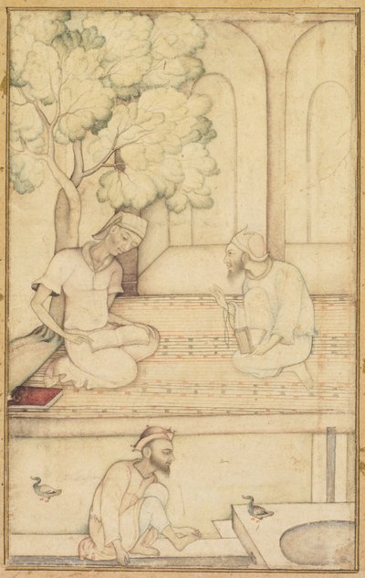 Kabir og to tilhængere på en terrasse recto, kalligrafi verso, ca. 1610-1620. af Unbekannt