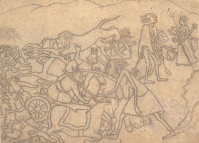 Kali præsenterer lederne af Chanda og Munda for Durga ... Devi Mahatmya ..., ca. 1780. af Unbekannt