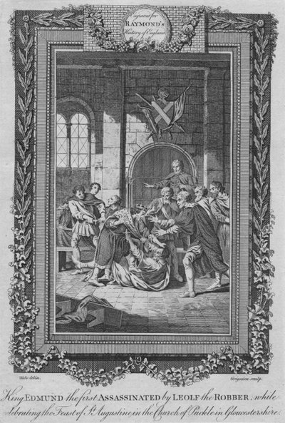 Kong Edmund den første myrdet af Leolf the Robbe, c1787 af Unbekannt