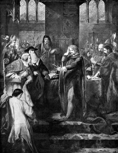 Kong Richard II overgiver kronen til sin fætter Bolingbroke, 1399, c1920 af Unbekannt