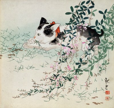 Killing i græs og løvblomster - japansk print af Unbekannt