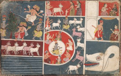 Krishna spiller fløjte og andre episoder fra Bhagavata Purana, ca. 1650. af Unbekannt