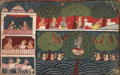 Krishna stjæler Gopis-tøj, side fra Bhagavata Purana, ca. 1650. af Unbekannt