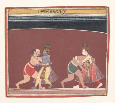 Krishna og Balarama bekæmper den onde konge Kamsas Wrestlers..., ca. 1650. af Unbekannt