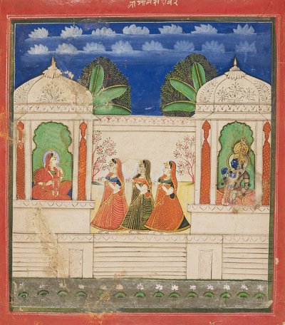 Krishna og Radha i to pavilloner, 1800-tallet af Unbekannt