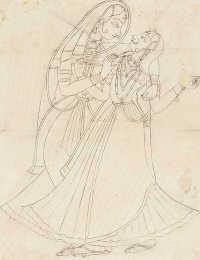 Krishna klædt som en kvinde Embracing Radha, 1800-tallet. af Unbekannt