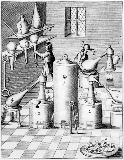 Laboratorium til raffinering af guld og sølv, viser typisk laboratorieudstyr, 1683 af Unbekannt