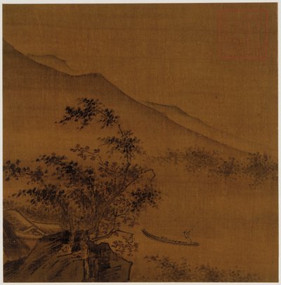 Landskab: bjergskråninger, klipper, træer, hus og en båd, Ming-dynastiet, 1368-1644. af Unbekannt