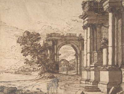 Landskab med klassisk arkitektur ved en sø, 1600-tallet. af Unbekannt