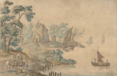 Landskab med heste og vogne og en flod til højre, 1700-tallet. af Unbekannt