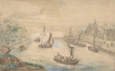 Landskab med floden i midten, med færge, 1700-tallet. af Unbekannt