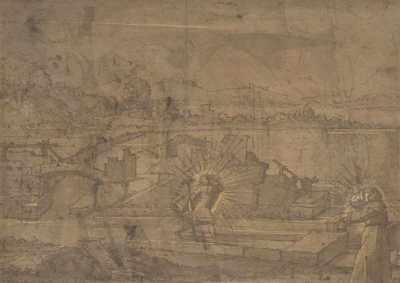 Landskab med den hellige Christopher og den mandlige klosterhelgen recto..., 1500-tallet. af Unbekannt