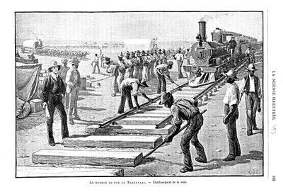 Fastlægning af sveller og skinner på Transvaal Railway, Sydafrika, 1893 af Unbekannt