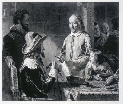 Den engelske læge William Harvey (1578-1637) viser kong Charles I Stuart af England (1600-1649) teorien om blodcirkulation af Unbekannt