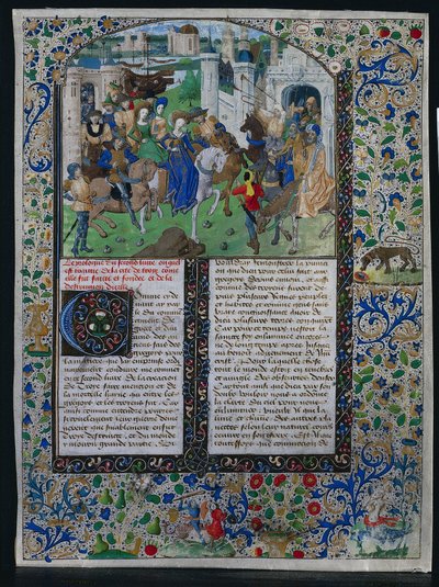 Blad fra Jehan de Courcys Universal Chronicle: Kong Priam møder Helen og Paris..., ca. 1470. af Unbekannt