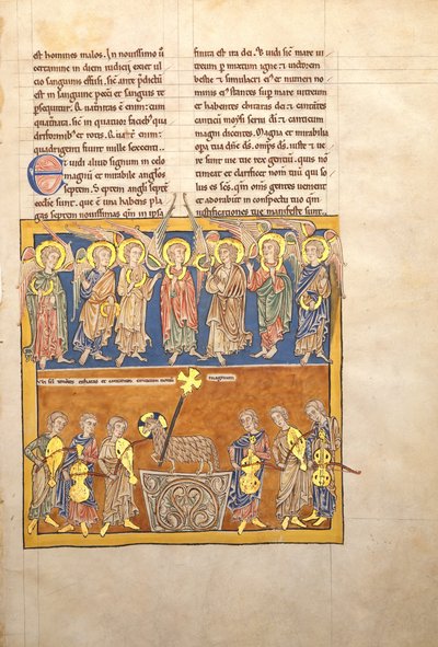 Blad fra et Beatus-manuskript: Syv engle holder bægre med de syv sidste plager.., ca. 1180. af Unbekannt