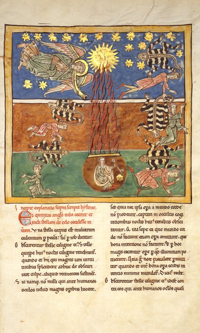 Blad fra et Beatus-manuskript: ved Clarion of the Fifth Angels Trompet..., ca. 1180. af Unbekannt