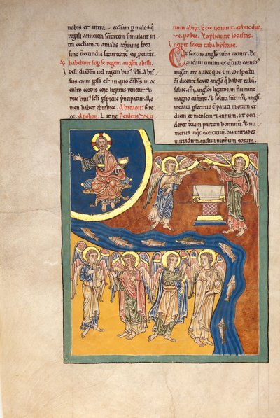 Blad fra et Beatus-manuskript: den sjette engel leverer de fire engle..., ca. 1180. af Unbekannt
