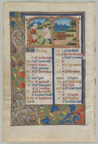 Blad fra en timebog: Kalenderside for juni verso, ca. 1510. af Unbekannt