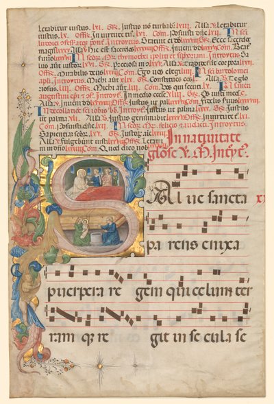 Blad fra en gradual: Historieret indledende S[alve Sancta Parens]..., ca. 1420-1450. af Unbekannt