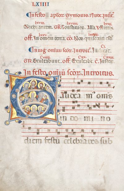 Blad fra en gradvis: Indledende G med Kristus, Jomfruen og apostlene, ca. 1300. af Unbekannt